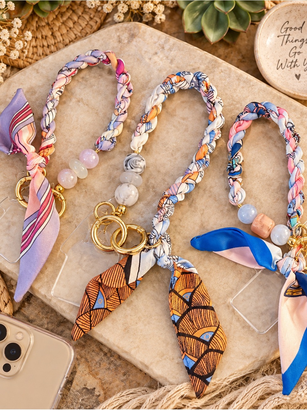 Braided Multicolor Scarf Wristlet Keychain with Bead Accents For Phone